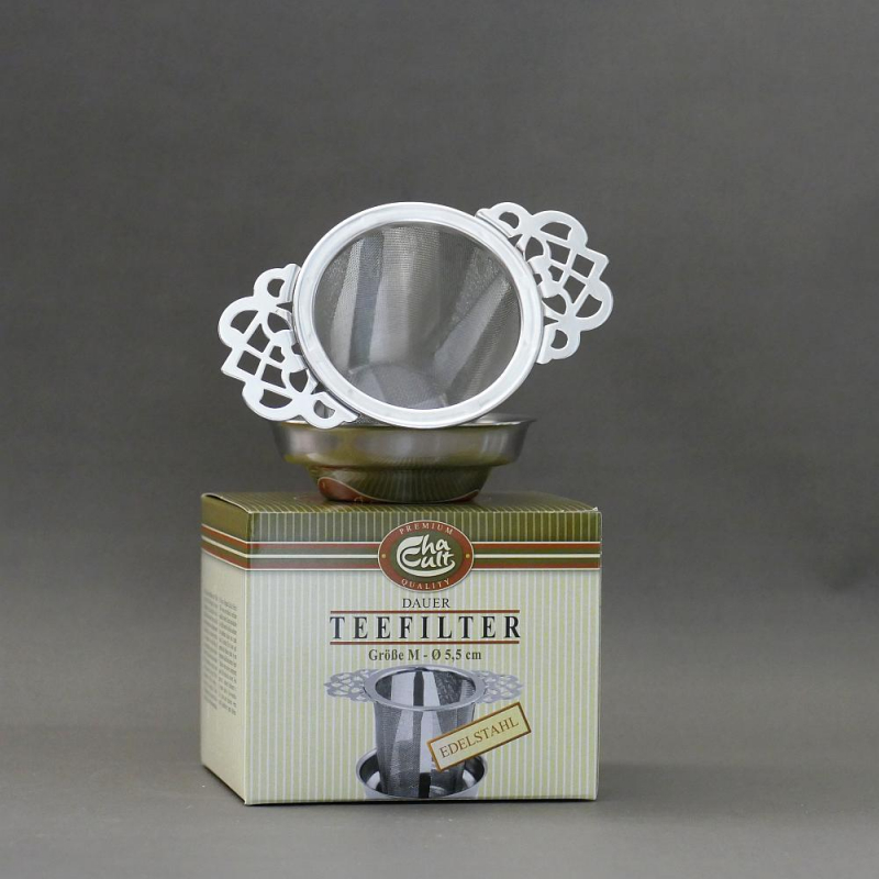 Filtre à thé en inox avec coupelle/couvercle (2 anses entrelacs)